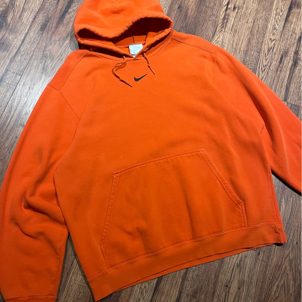 Vintage Nike Centre Swoosh Mid Check Orange Pullover Boxy Hoodie Black Logo